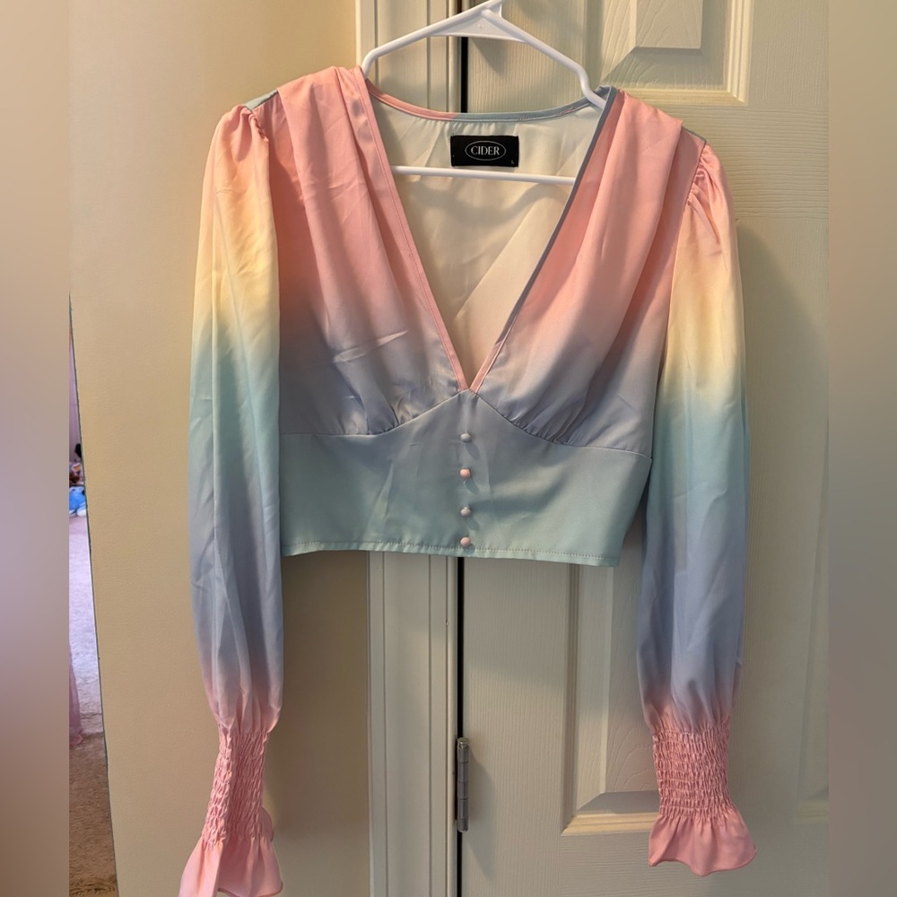 Cider Colorful Ombre Sleeve Crop Blouse